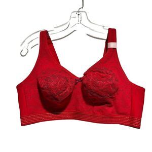 NWT Cacique Women's Bra Red 44C Floral Full-Coverage Lace Trim Wire-Free